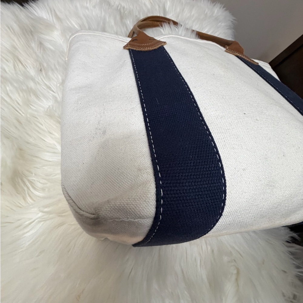 L.L. Bean White Canvas Tote with Navy Straps and Brown Leather Handles - Picture 3 of 11